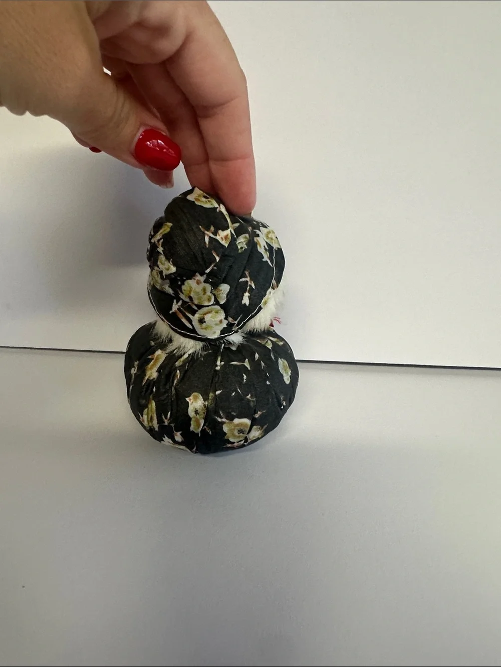 Handmade Clown Doll in Black Floral Fabric with Red Bow